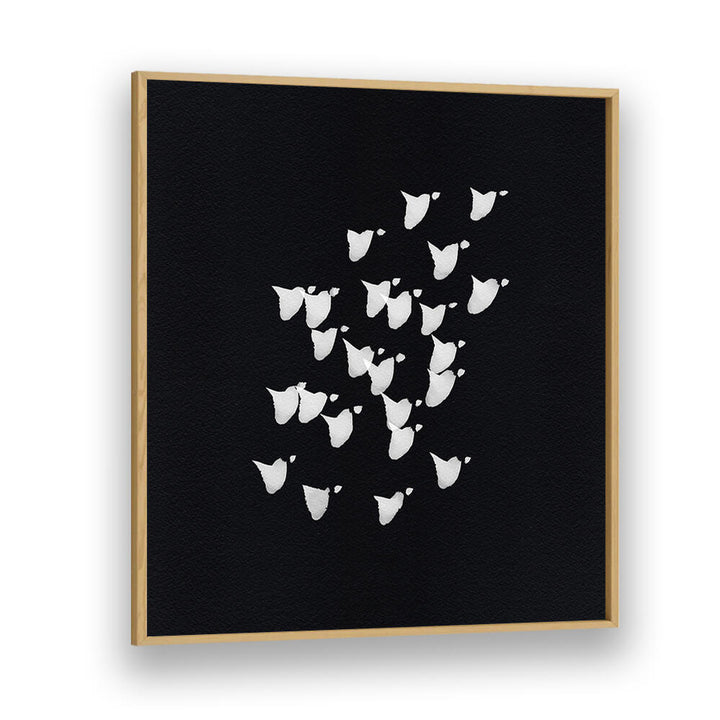 Elegant BIRDS IN FLIGHT UPWARDS BW, ABSTRACT PAINTINGS showcasing white birds against a bold black background.