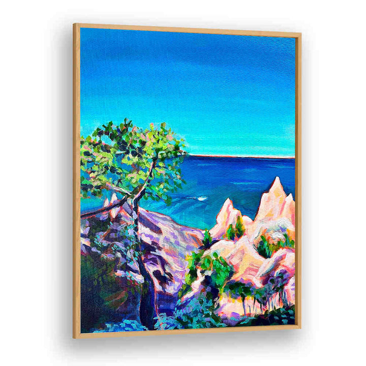 CHIMNEY BLUFFS , LANDSCAPE PAINTINGS by Oakwood Plain — textured coastal cliffs, windswept tree and vivid seascape on canvas