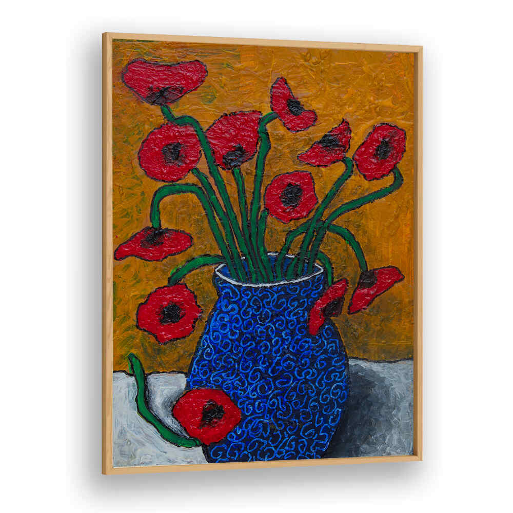 Vibrant POPPIES, FLORAL FLOWER PAINTINGS in a striking blue vase, perfect for enhancing your home decor.