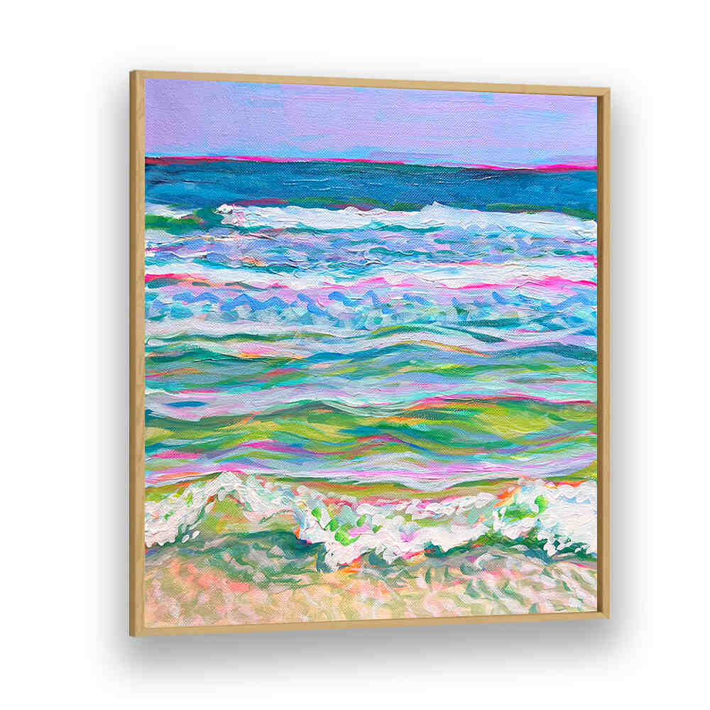 PINK SEAS , BEACH PAINTINGS by Oakwood: pastel pink and turquoise shoreline canvas with gentle waves at sunrise