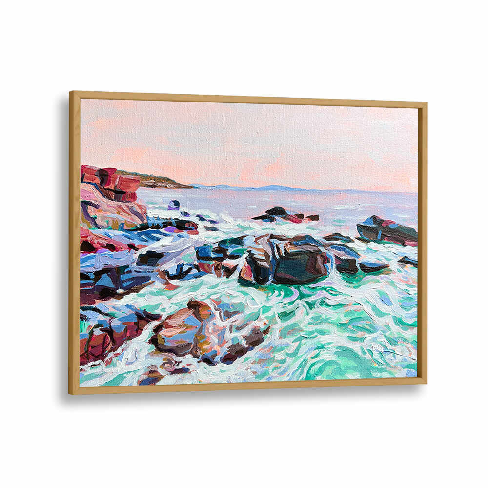 THUNDER HOLE , BEACH PAINTINGS gallery canvas by Oakwood with crashing waves, rocky coastline and pastel sky