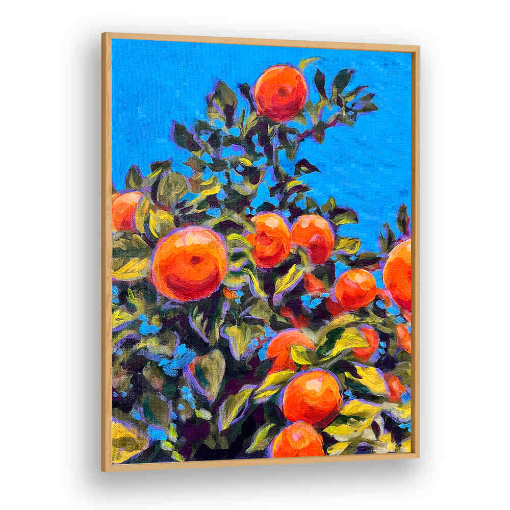 SEVILLE ORANGES , KITCHEN POSTERS by Oakwood: vivid botanical art of ripe oranges on leafy branches against blue sky