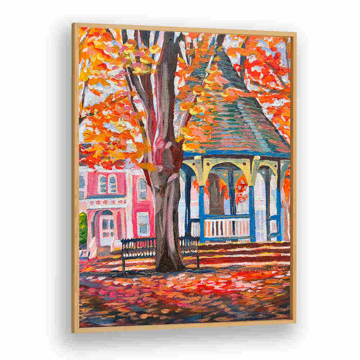 CORN HILL , LANDSCAPE PAINTINGS Oakwood Plain: autumn gazebo with large tree, bench and colorful Victorian houses