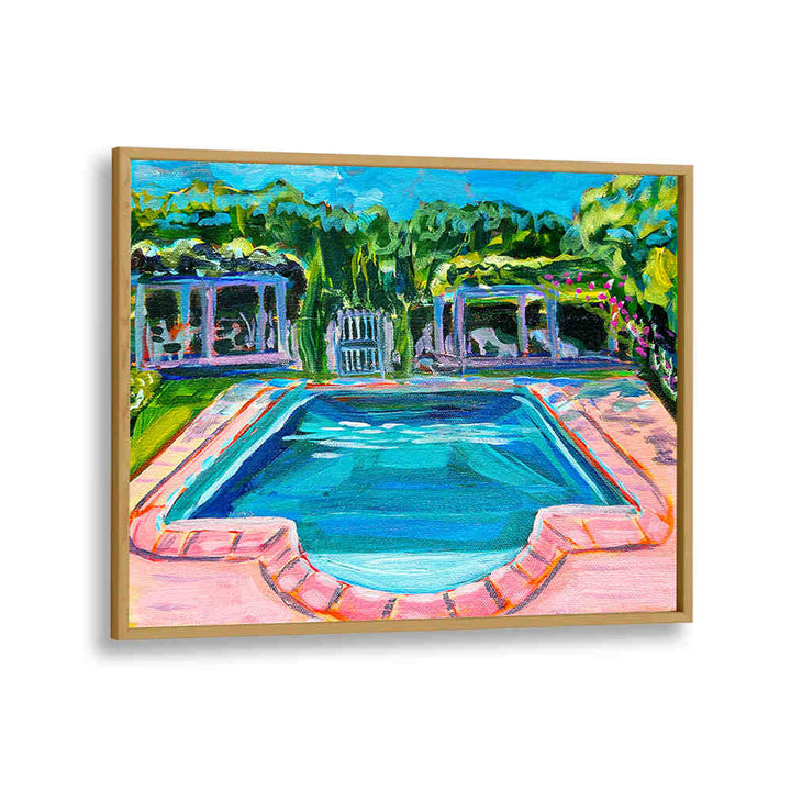 POOL AT THE CHÂTEAU , LANDSCAPE PAINTINGS — sunlit chateau pool with classical colonnades and vivid water reflections
