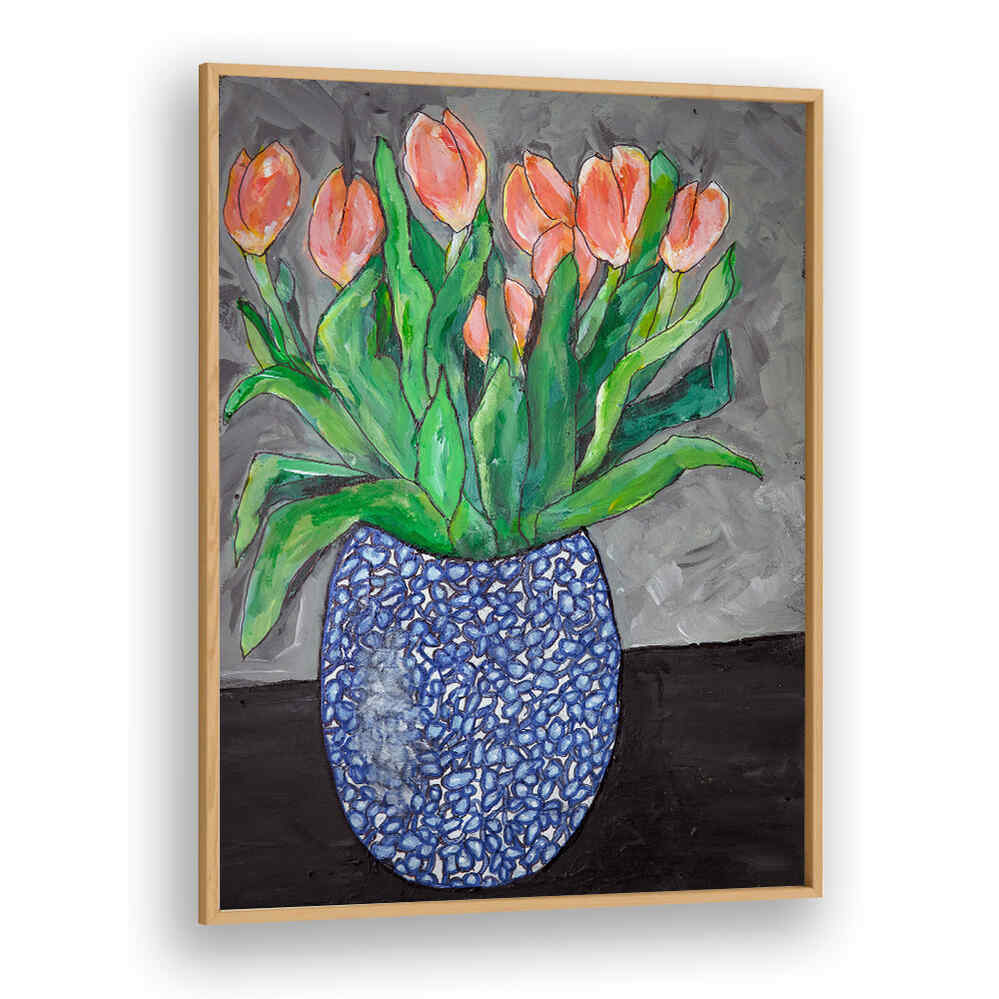 Bright tulips in a blue vase create a serene atmosphere in TULIPS IN BLUE VASE I, FLORAL FLOWER PAINTINGS.