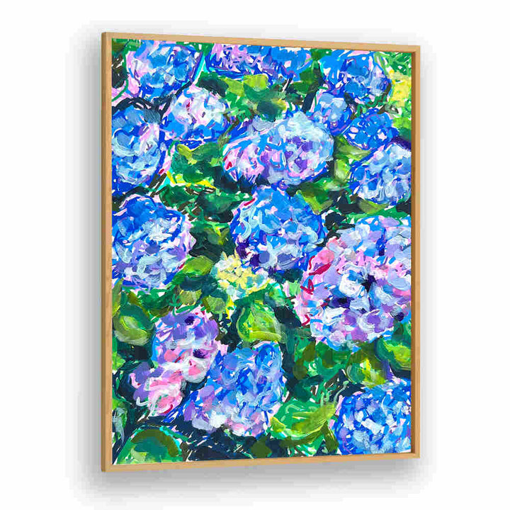 HYDRANGEAS , FLORAL FLOWER PAINTINGS by Oakwood Plain: vibrant blue and pink hydrangea clusters with lush green leaves