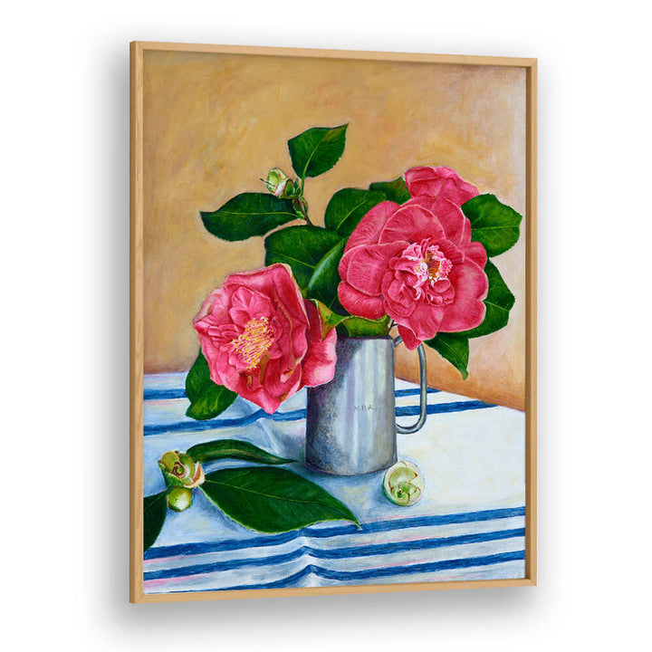 Vibrant Camelia floral flower paintings in a metal vase, perfect for elevating any space with natural beauty.