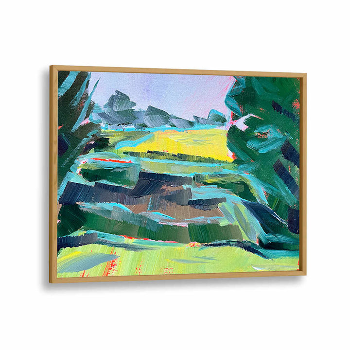 CANOLA FIELD DEUX , LANDSCAPE PAINTINGS by Oakwood Plain — vibrant framed canola field with bold brushstrokes and expansive sky