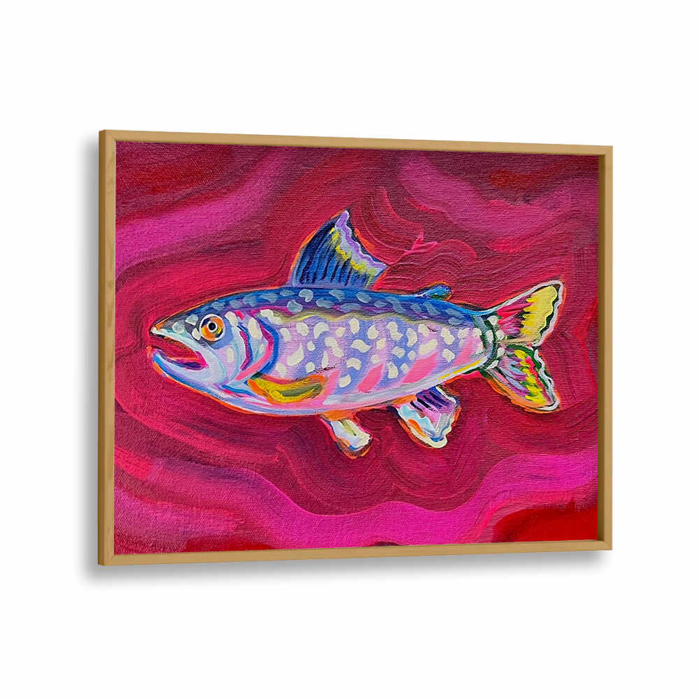 Oakwood colorful trout painting in wooden frame on pink waves, coastal decor — TROUT , KITCHEN POSTERS