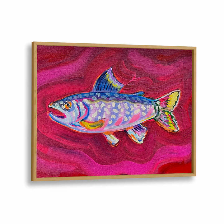 Oakwood colorful trout painting in wooden frame on pink waves, coastal decor — TROUT , KITCHEN POSTERS