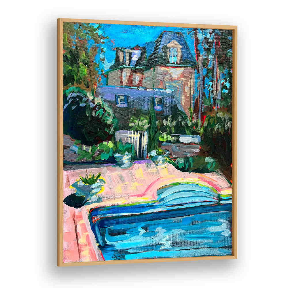 CHÂTEAU DE LA VIGNE , LANDSCAPE PAINTINGS sunlit chateau with vineyard rows, garden terrace and pool — Oakwood Studio