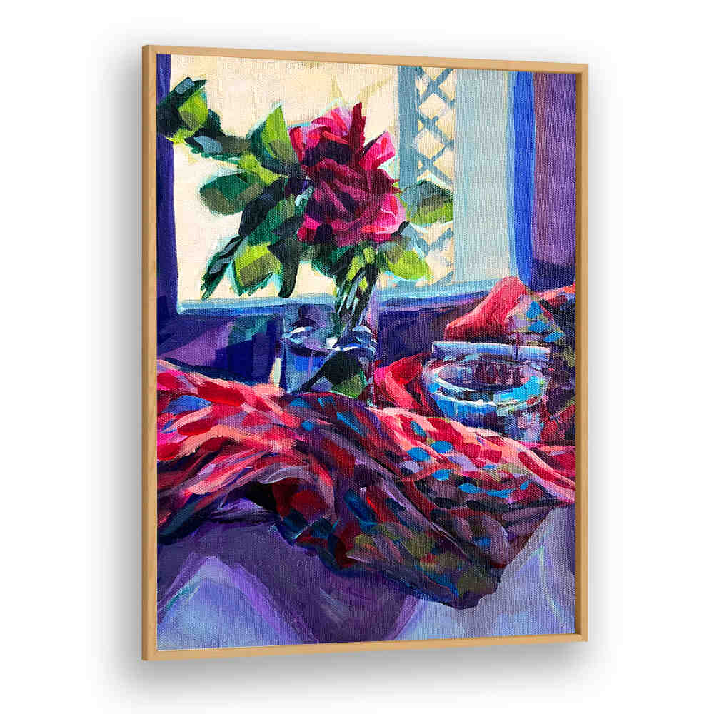 ROSE FRANÇAISE , FLORAL FLOWER PAINTINGS — vibrant rose in vase by window with draped scarf on framed canvas by Oakwood