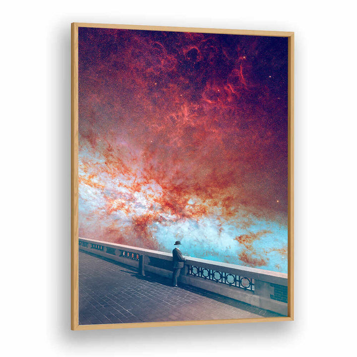 Surreal art print "MY-SPACE" featuring a figure gazing at a cosmic scene, perfect for modern decor at OAKWOODPLAIN.