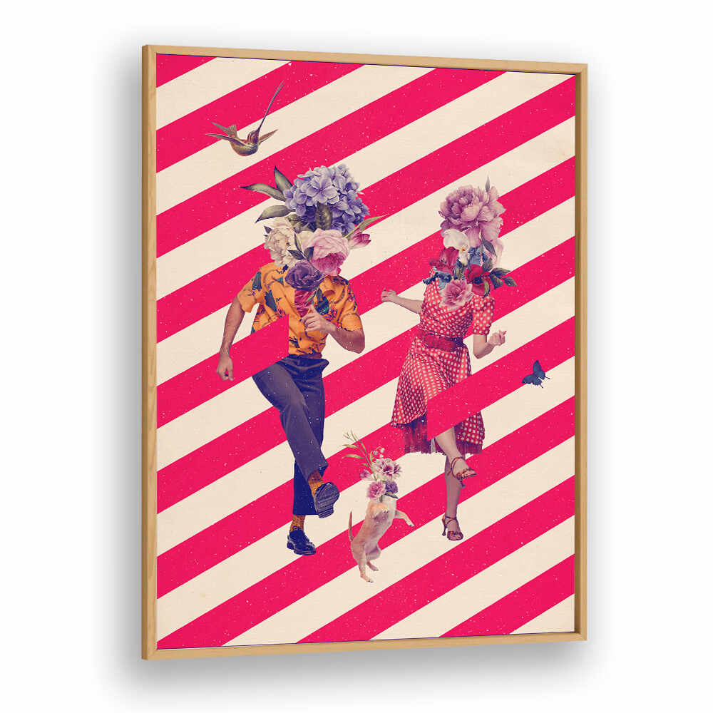Colorful couple dancing with floral heads, framed in vibrant stripes—perfect for your PARTY TIME, SURREAL ART PRINTS collection.