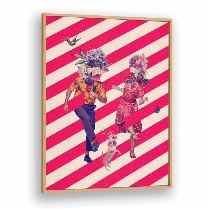 Colorful couple dancing with floral heads, framed in vibrant stripes—perfect for your PARTY TIME, SURREAL ART PRINTS collection.