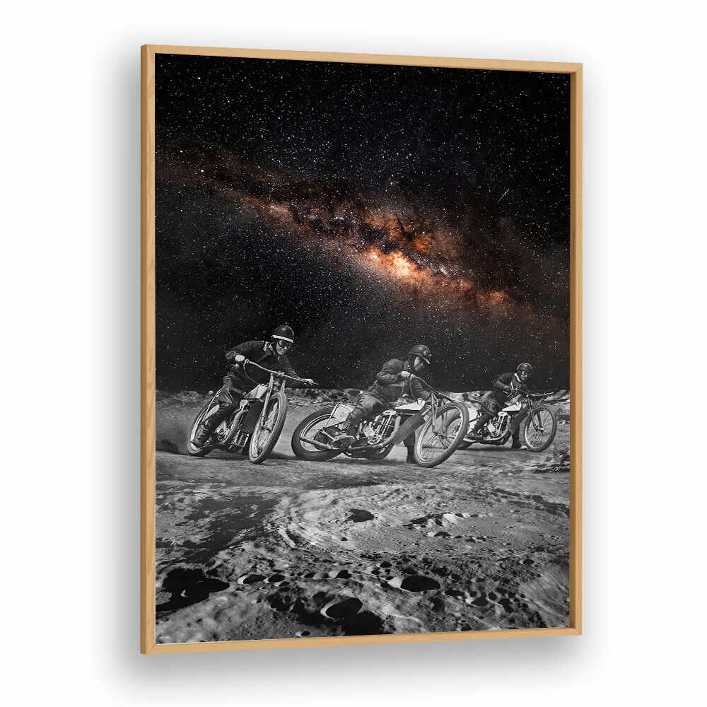 Riders zooming across a lunar landscape in this stunning surreal art print, perfect for unique decor.