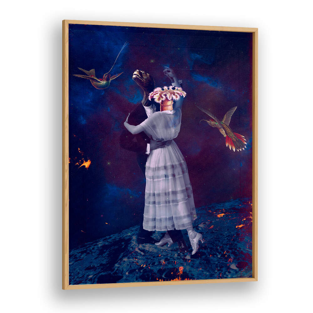 Surreal art prints featuring a couple and vibrant birds, perfect for unique decor—SLOW MOTION, SURREAL ART PRINTS.