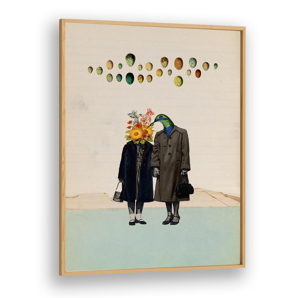 Surreal art print titled "SOULMATE," featuring whimsical figures with flower and bird heads, perfect for unique decor.