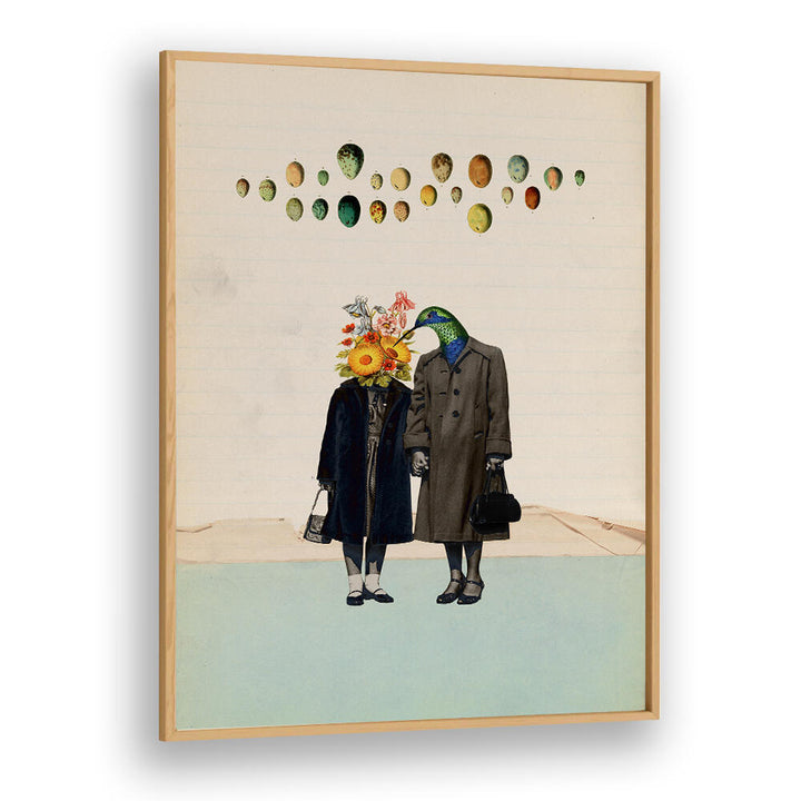 Surreal art print titled "SOULMATE," featuring whimsical figures with flower and bird heads, perfect for unique decor.
