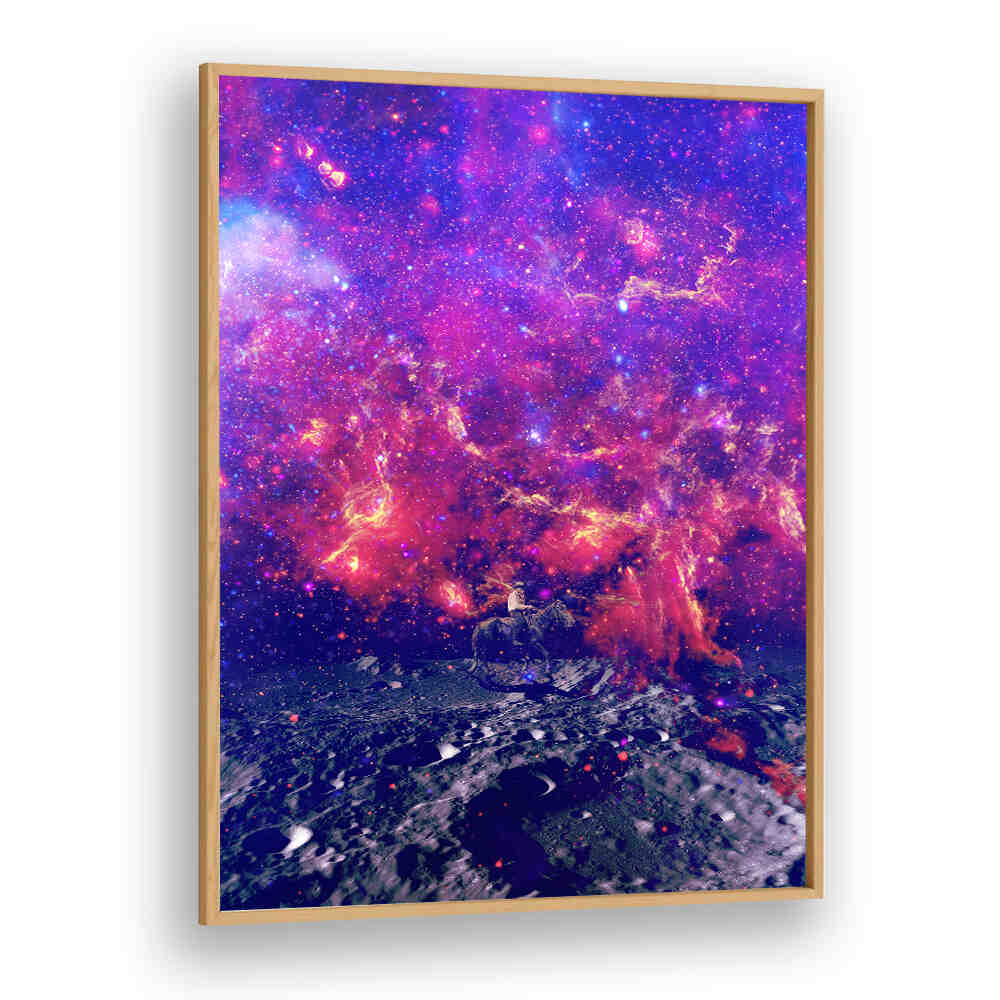 Vibrant SPACE COWBOY, SURREAL ART PRINTS showcasing a cosmic scene with a rider amidst colorful galaxies.