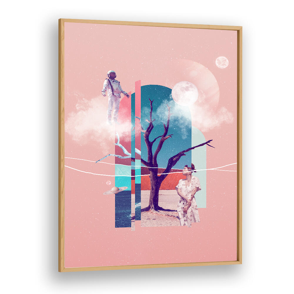 Surreal art print "SPACE LOVE" featuring an astronaut and ethereal landscapes, perfect for modern decor.