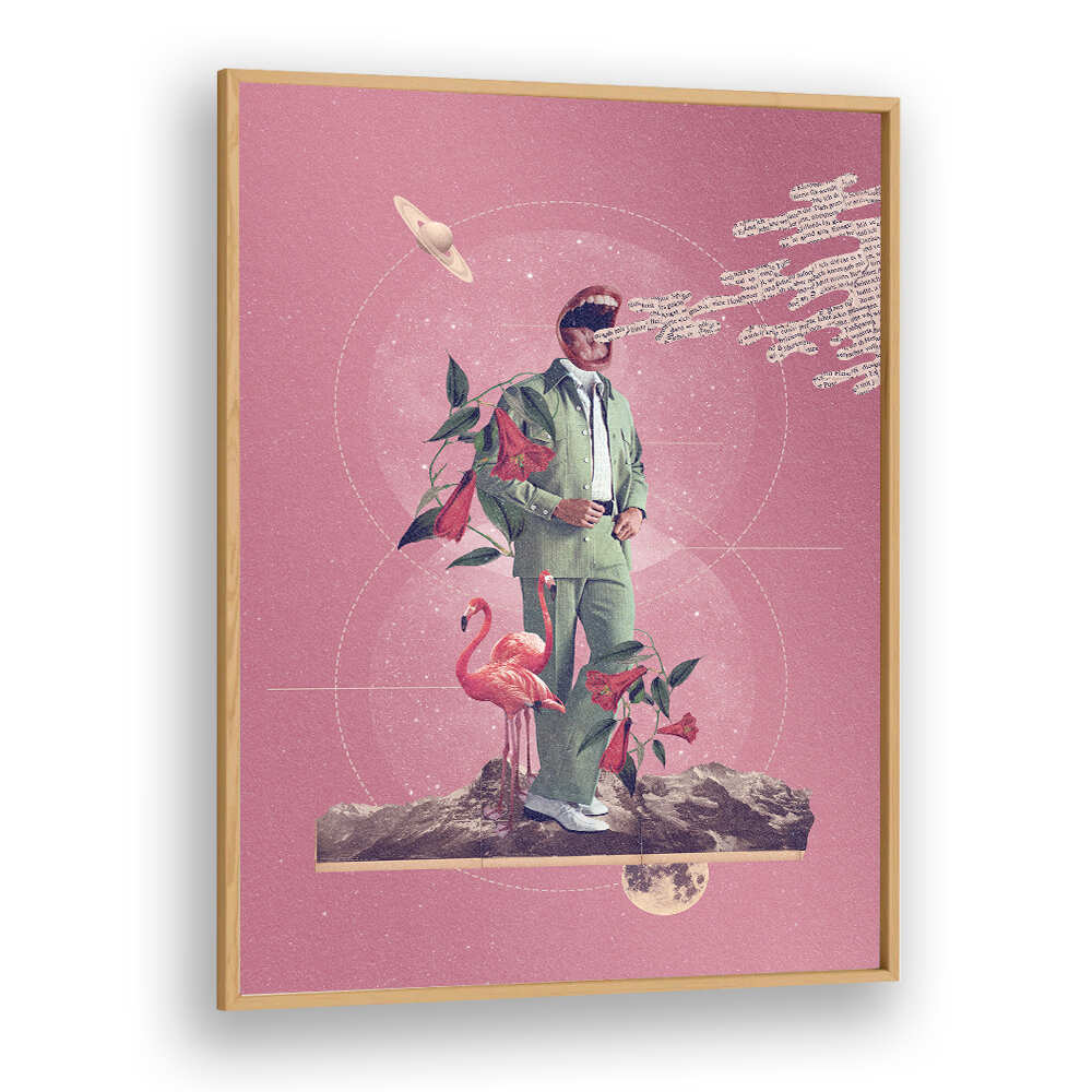 Surreal art print "TALK TO ME" features a stylish figure amidst vibrant flora and cosmic elements. Perfect for decor!