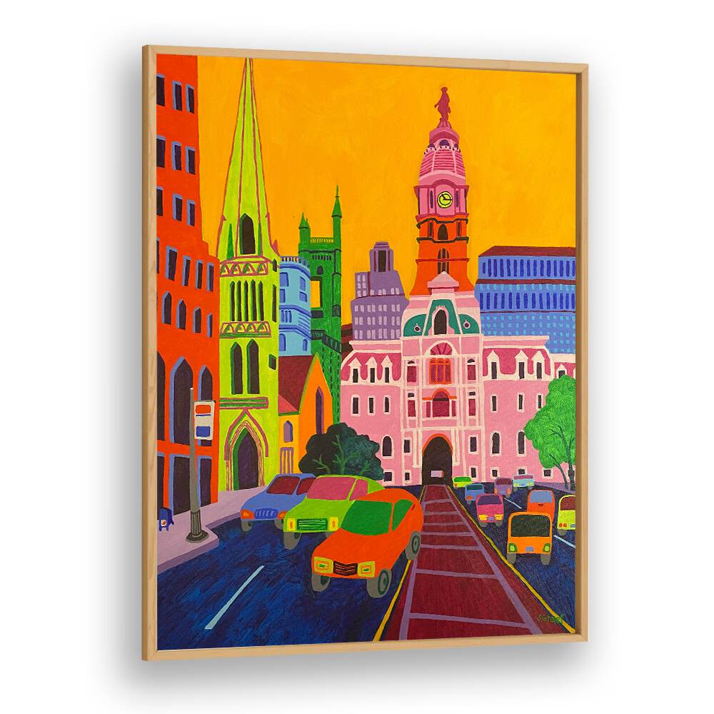 city hall landscape art prints in Oak Wood Plain Frame