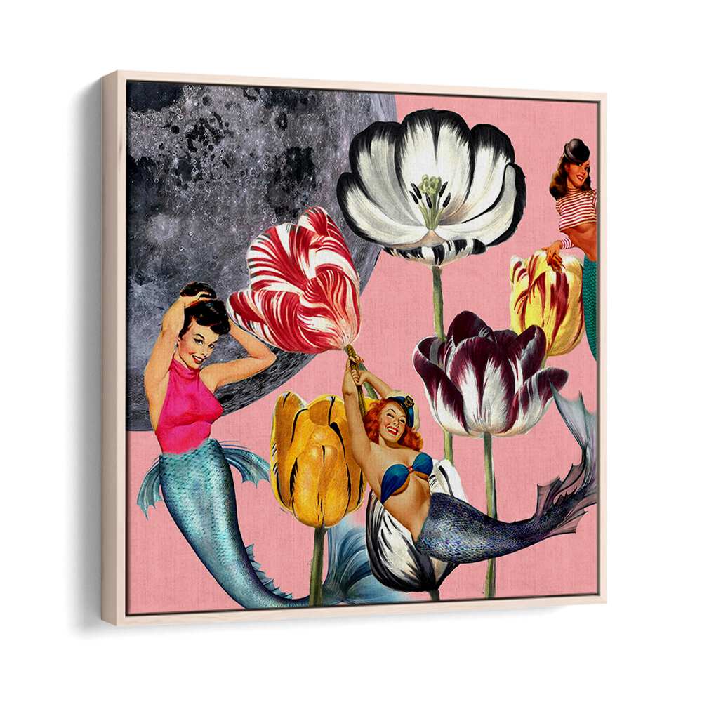 Whimsical MERMAID ON THE MOON, PORTRAITS art piece featuring vibrant flowers and mermaids against a lunar backdrop.