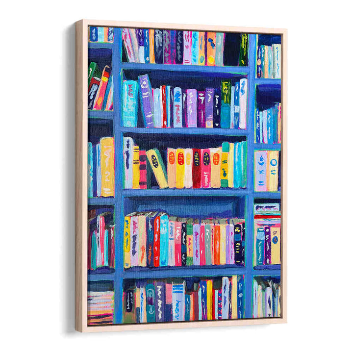 BOOKSHELF AT THE CHÂTEAU , FASHION POSTERS — vibrant framed bookshelf print on oak floater for chic château decor