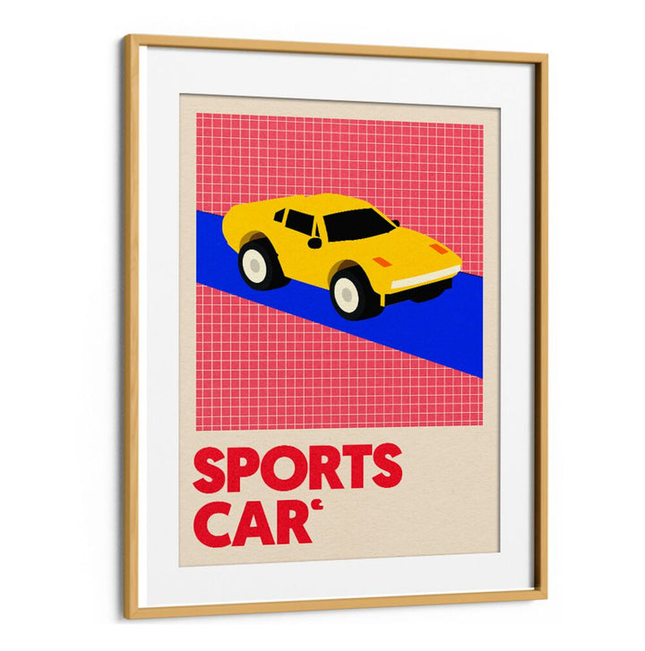 Bold SPORTS CAR poster featuring a vibrant yellow car design, perfect for car enthusiasts. Ideal for luxury decor.