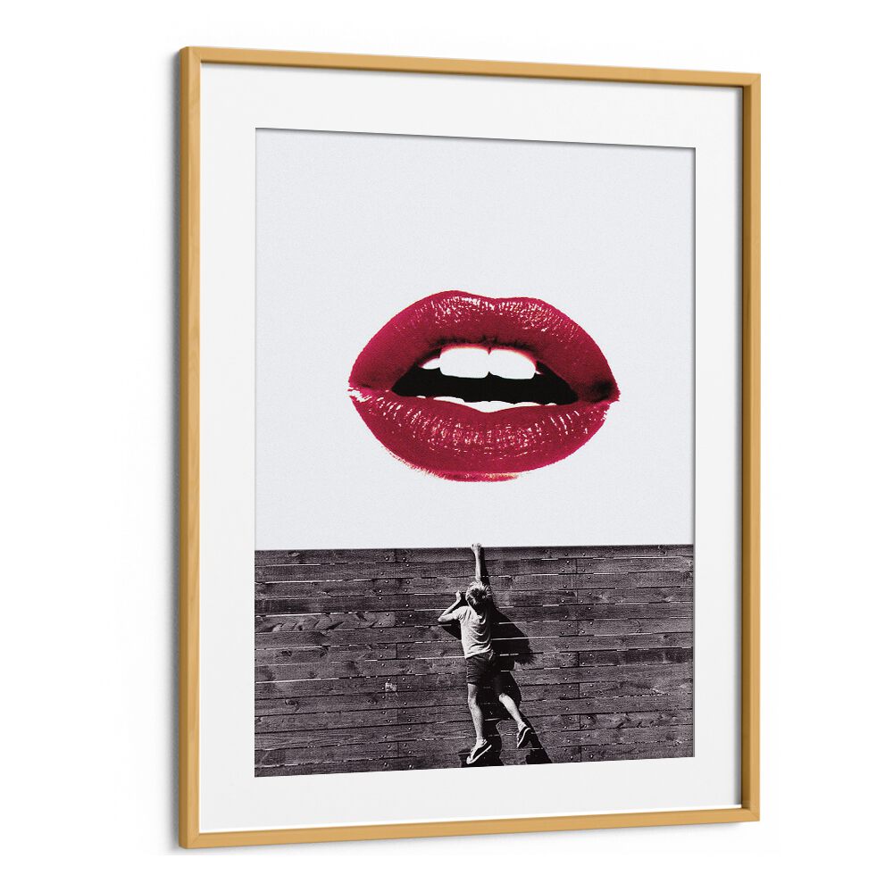 Curious Lips, Altered Art Prints feature vibrant lips above a child climbing a wooden wall, perfect for any art lover's space.