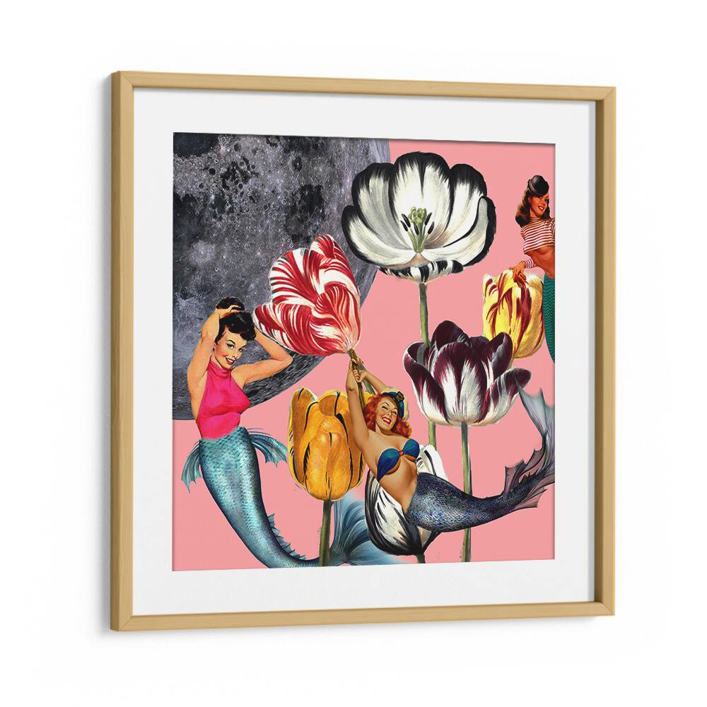Whimsical art print featuring mermaids with flowers against a moon backdrop, perfect for enchanting decor. MERMAID ON THE MOON , PORTRAITS.