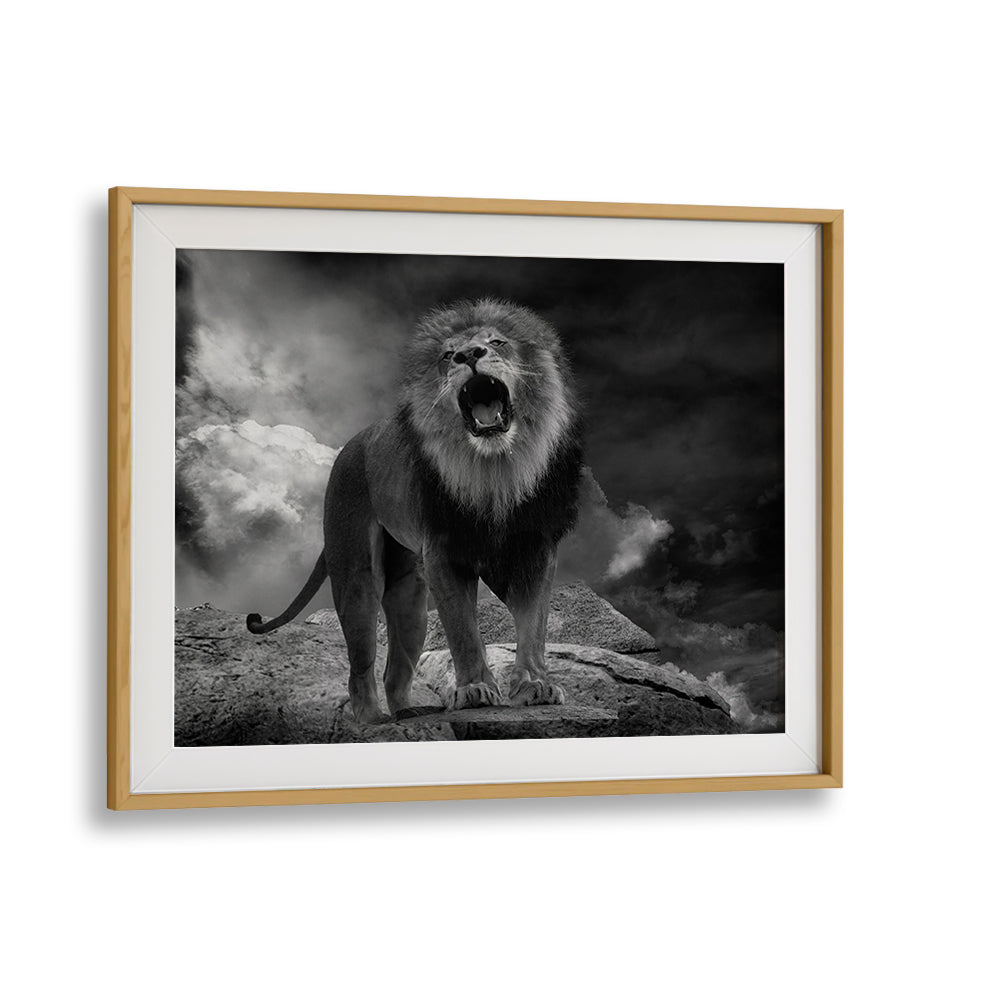 Stunning LION'S ROAR, PHOTOGRAPHY PRINTS showcasing a majestic lion roaring against a dramatic sky backdrop.