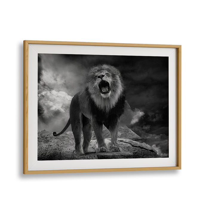 Stunning LION'S ROAR, PHOTOGRAPHY PRINTS showcasing a majestic lion roaring against a dramatic sky backdrop.