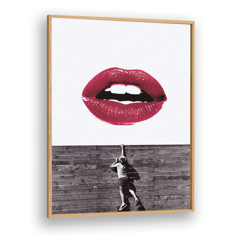 Bold red lips hover above a child climbing a wooden wall, showcasing CURIOUS LIPS, ALTERED ART PRINTS for artistic flair.