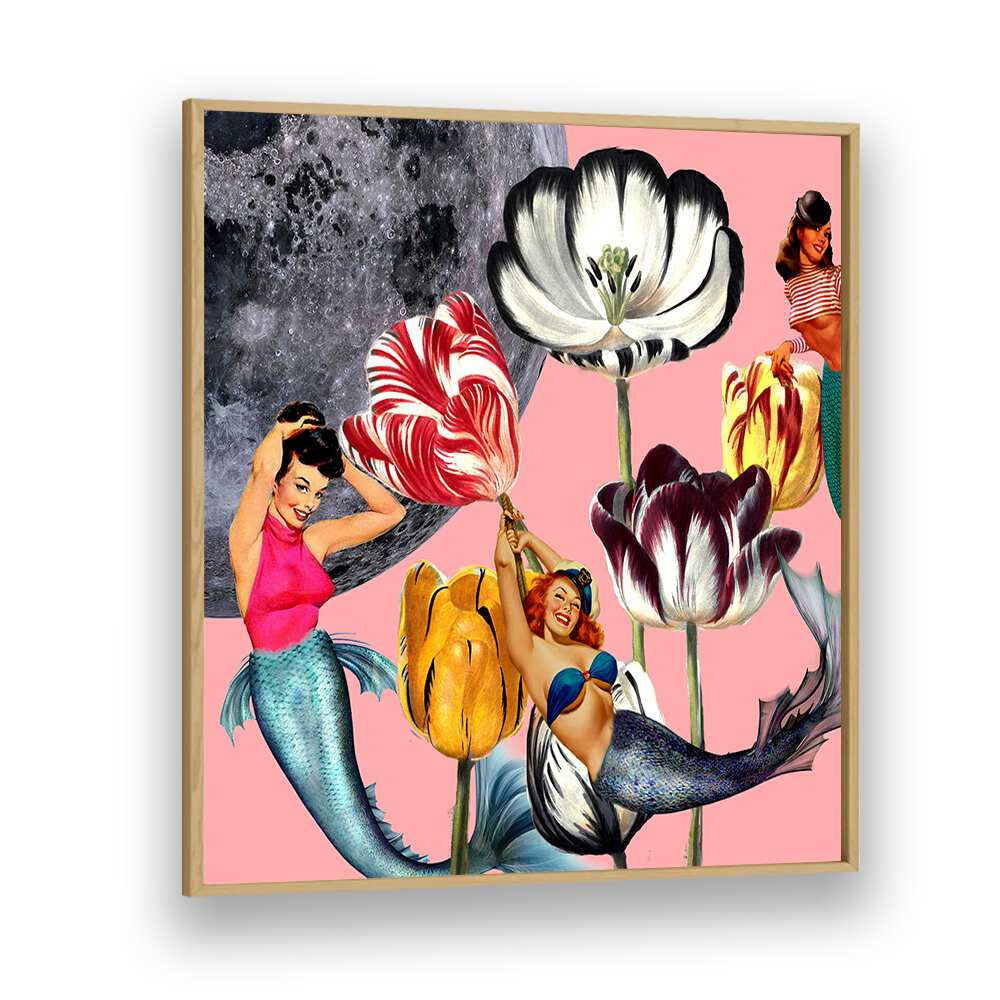 Whimsical MERMAID ON THE MOON, PORTRAITS artwork featuring mermaids, flowers, and a moon backdrop for enchanting decor.