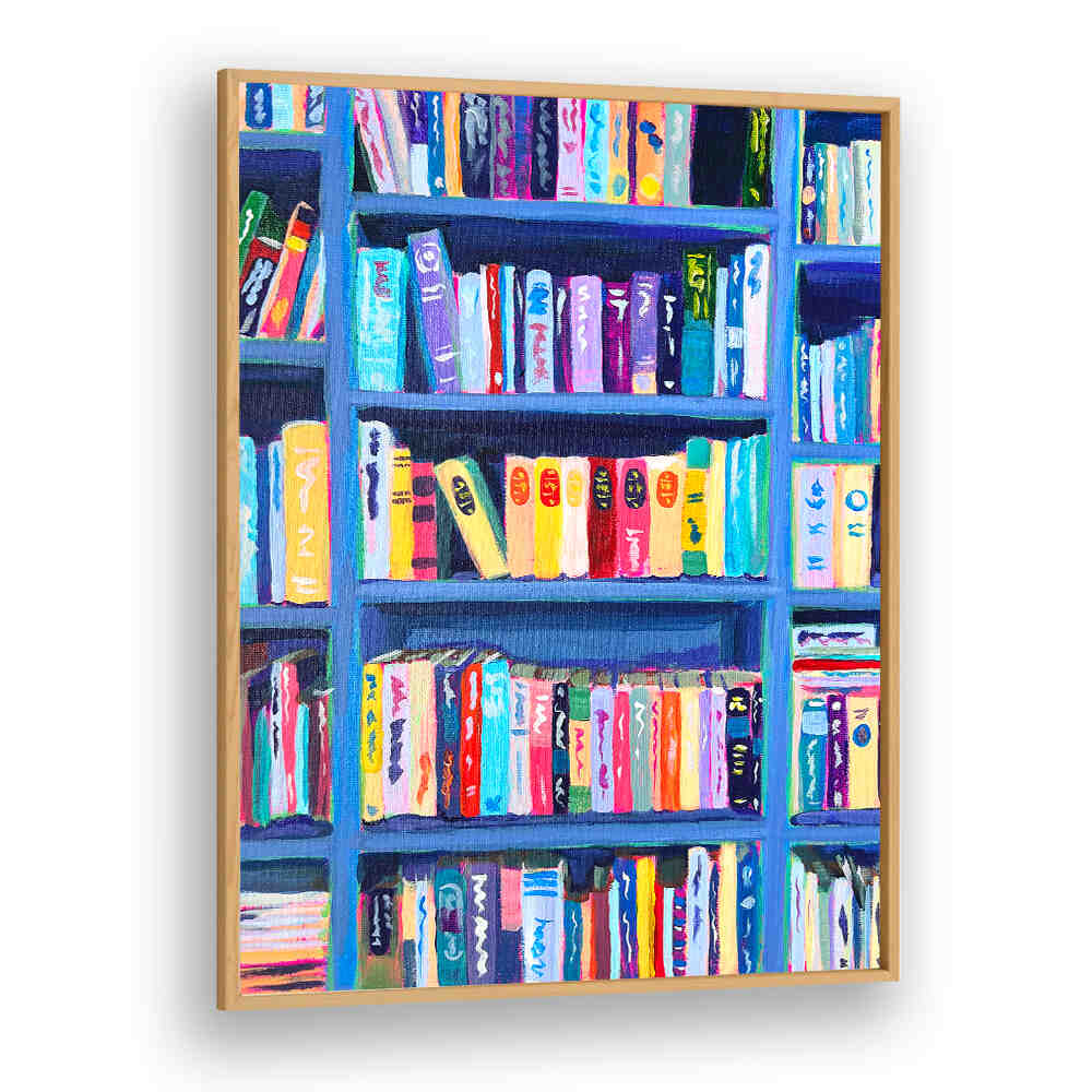 BOOKSHELF AT THE CHÂTEAU , FASHION POSTERS colorful painted bookshelf print with couture-inspired poster spines for chic decor