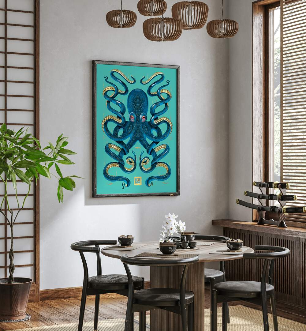 OCTOPUS BLUE GOLD, BEACH PAINTINGS displayed in a stylish interior, enhancing elegance and sophistication.