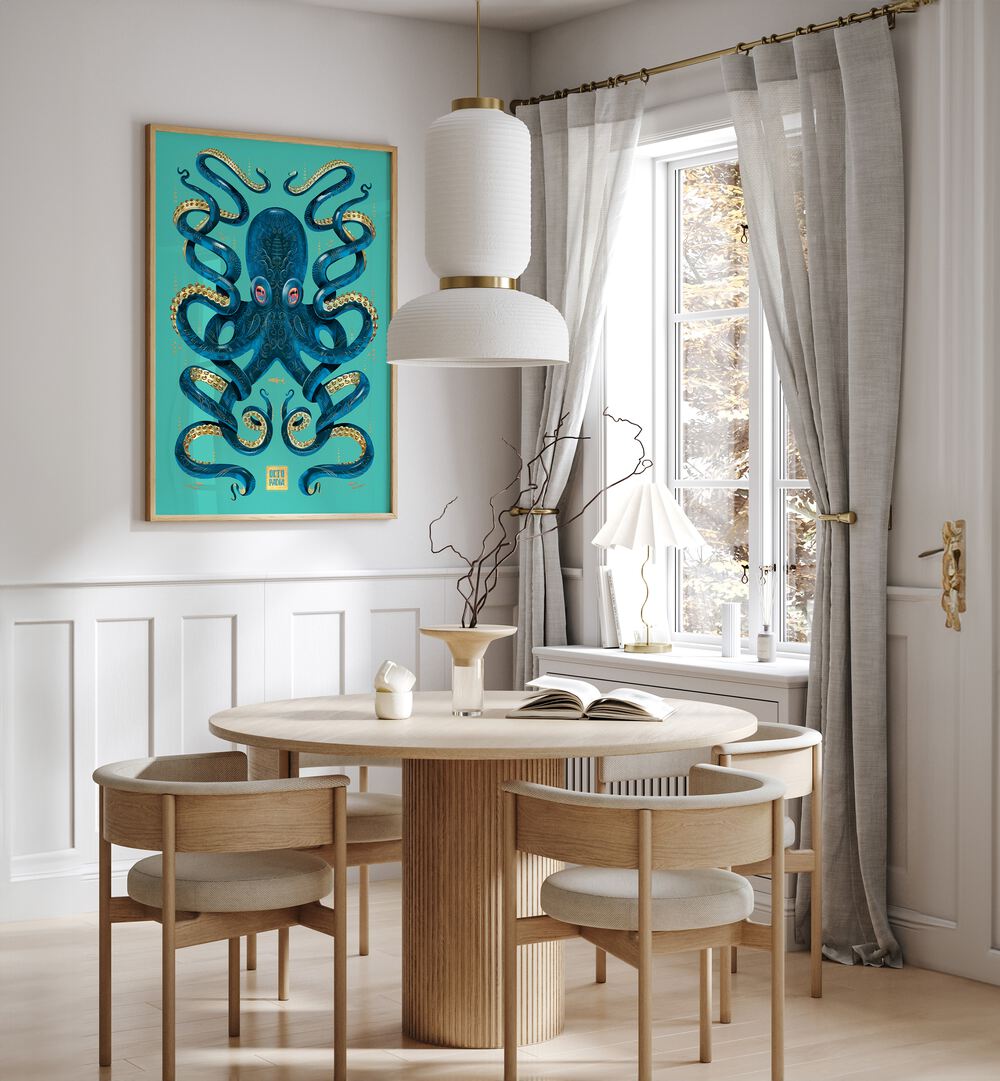 Elegant OCTOPUS BLUE GOLD, BEACH PAINTINGS adorn a modern dining space, enhancing sophistication and style.