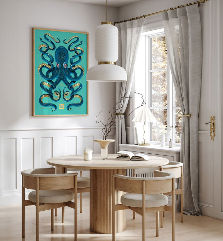 Elegant OCTOPUS BLUE GOLD, BEACH PAINTINGS adorn a modern dining space, enhancing sophistication and style.