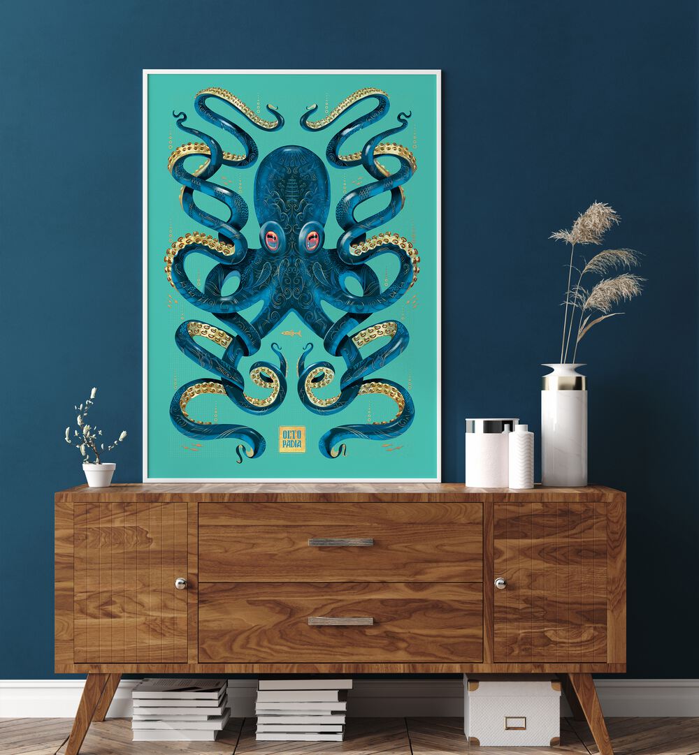 Stunning OCTOPUS BLUE GOLD, BEACH PAINTINGS on a wall, adding elegance to any space with vibrant colors and intricate design.