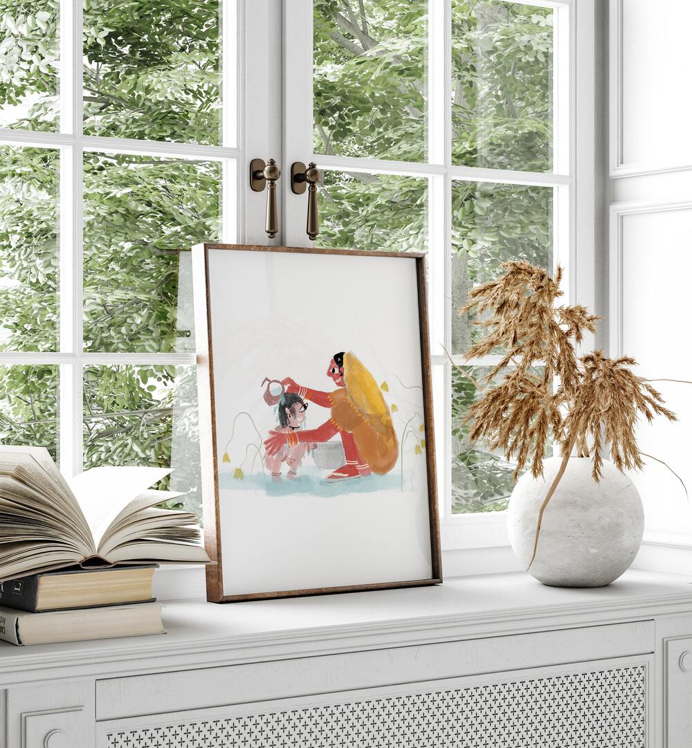 Of Mothers By Shreya Roy Chowdary, Indian Art Paintings Artwork in Oak Wood Plain Frame placed above a Shelf near a Window

