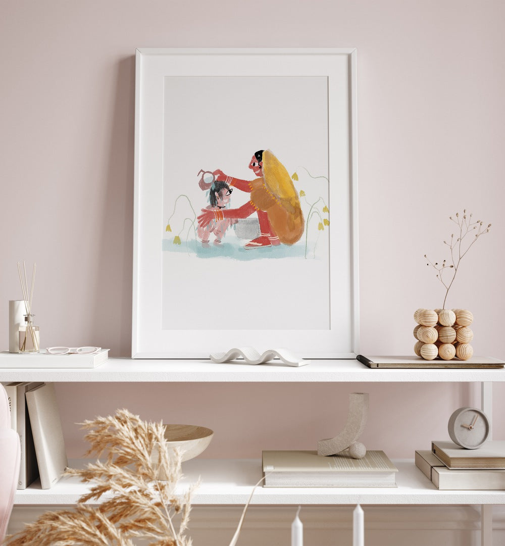 Of Mothers By Shreya Roy Chowdary, Indian Art Paintings Artwork in White Frame With Mount placed above a Console Table near a Pink Colored Wall