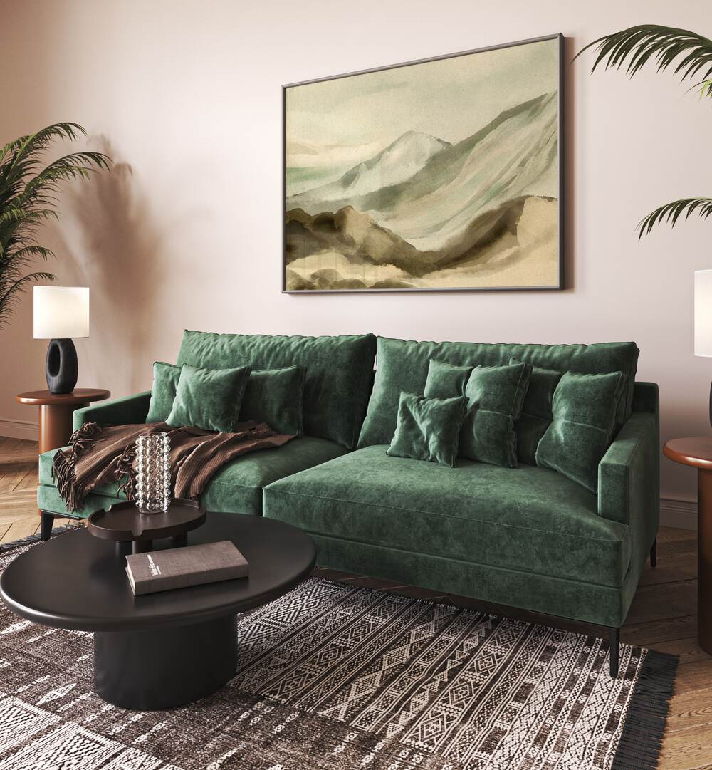 Elegant green sofa under an Old Mountain Landscape Painting, enhancing natural beauty and serene home decor.