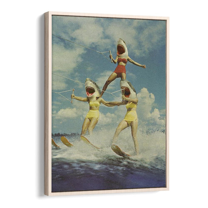 On Evil Beach Shark Attack Surreal Art Artwork in Oak Wood Floater Frame