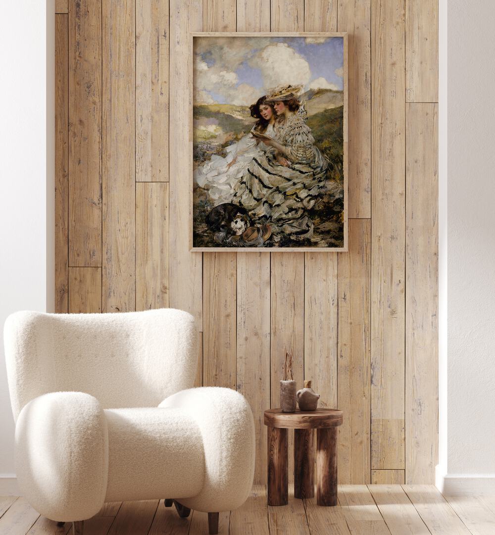 On The Dunes Vintage Art Painting Artwork in plain oakwood frame behind a white sofa 