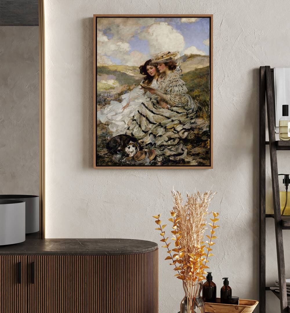 On The Dunes Vintage Art Painting Artwork in oakwood floater frame on a white wall above a table