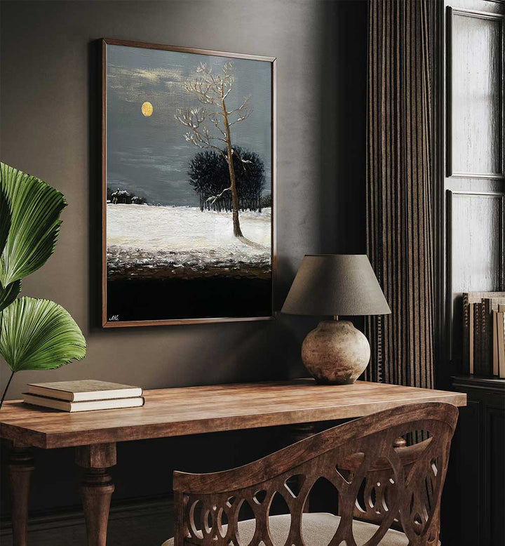 ON THE OUTSKIRTS OF A SNOWY EVENING FOREST , LANDSCAPE PAINTINGS