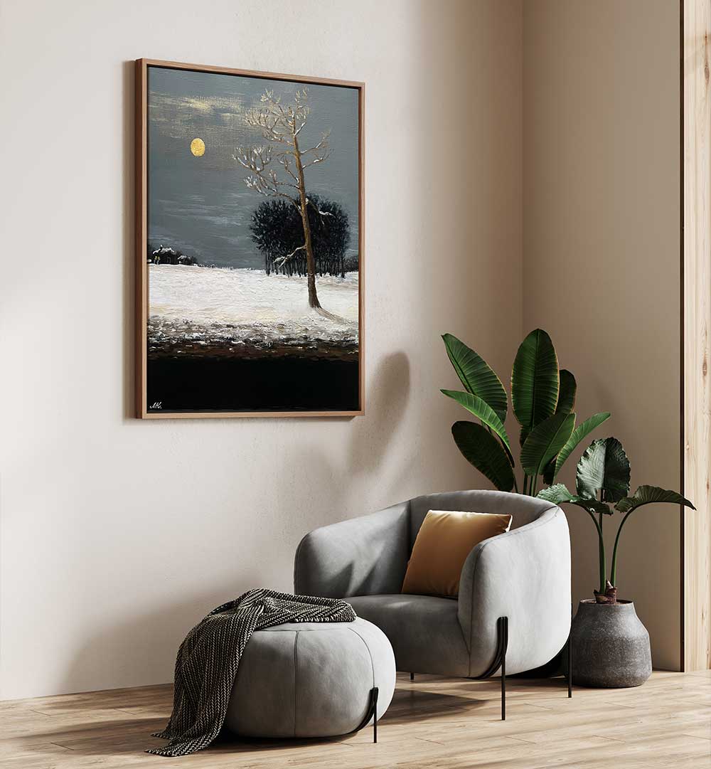 ON THE OUTSKIRTS OF A SNOWY EVENING FOREST , LANDSCAPE PAINTINGS