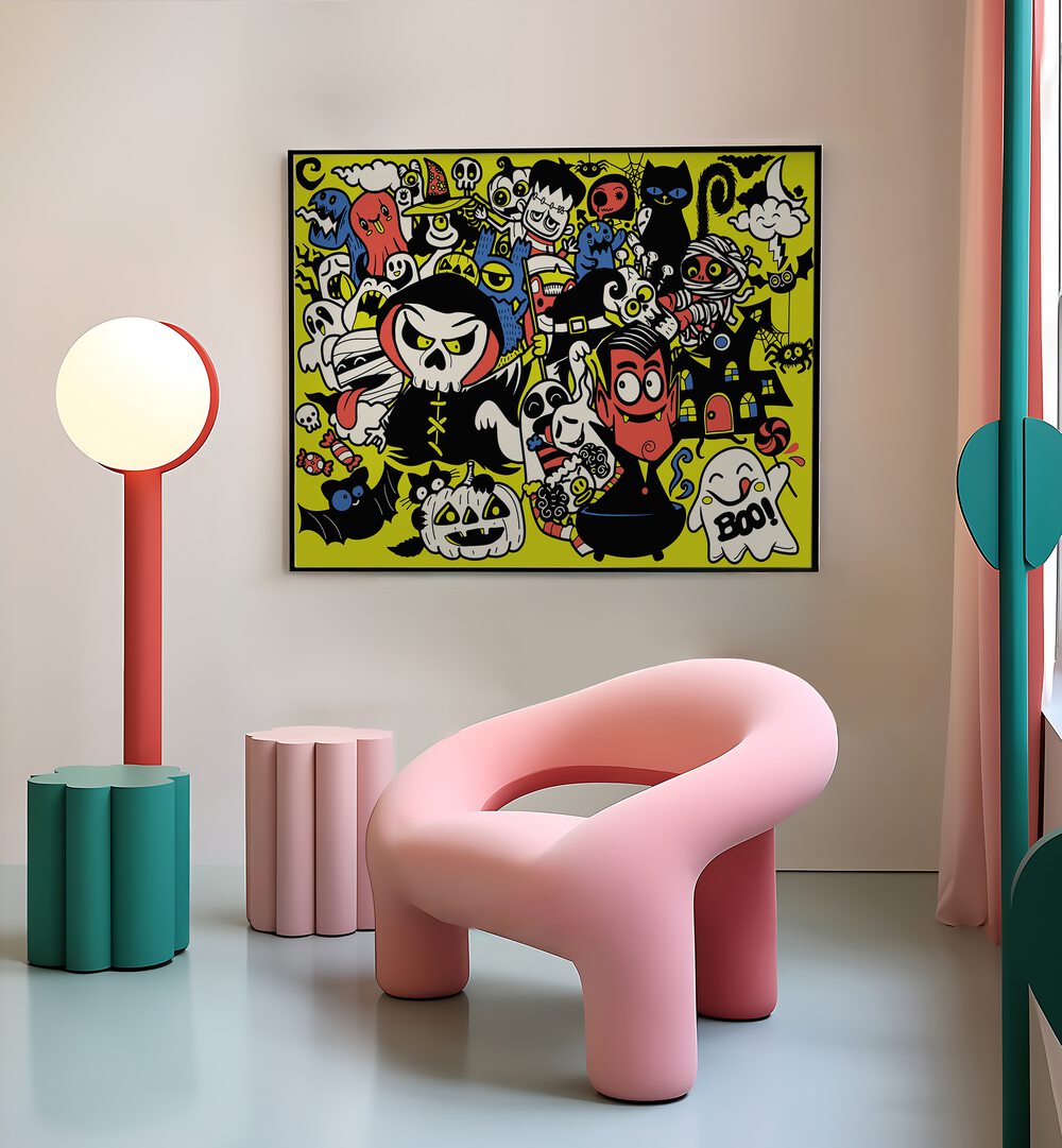 Vibrant "Once Upon a Halloween" comic posters by Asianmonk add a whimsical touch to your home decor.